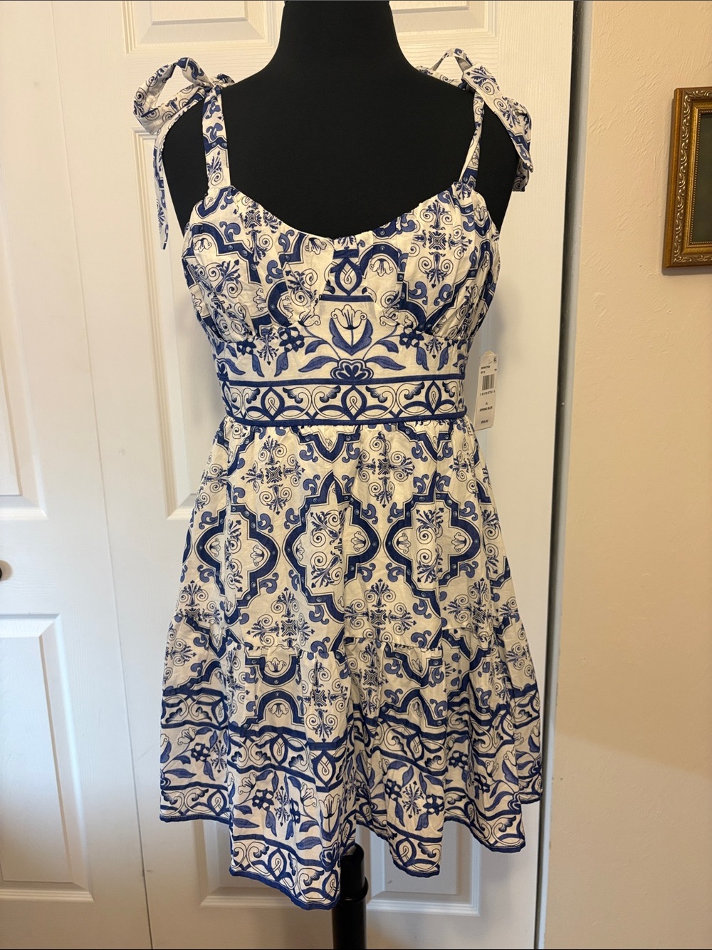 NWT Trixxi Blue Tile Print Tie Strap Smocked Tiered Mini Dress | Juniors XL.